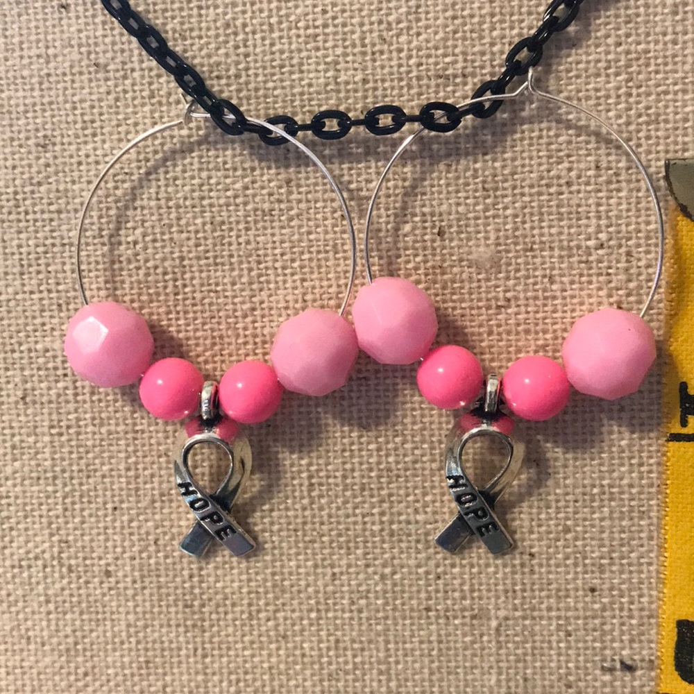 Breast Cancer Awareness Hoops- Beaded with Ribbon Charm